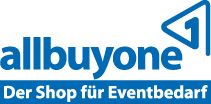 Logo mit Text: "allbuyone - Der Shop für Eventbedarf" in Blau.