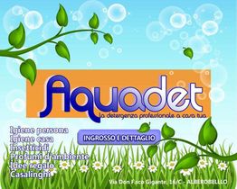 Logo "Aquadet" su sfondo blu e verde, con elenchi di prodotti e indirizzo ad Alberobello.