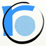 Blaues stilisiertes "r" mit schwarzem Kreis und konzentrischen Kreisen im Hintergrund.