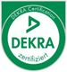 Grünes DEKRA-Zertifizierungssiegel mit Schriftzug „DEKRA zertifiziert“ in der Mitte.