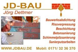 JD-BAU Werbung mit Maurerarbeiten, Bauwerksabdichtung und Kontaktinformationen.