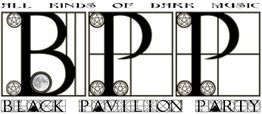 Schwarz-weißes Logo mit Text: "All Kinds of Dark Music, Black Pavilion Party", geometrische Muster.