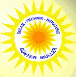 Gelbes Sonnenlogo mit Text: "Solar-Technik-Beratung Günter Müller".