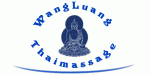 Logo von WangLuang Thaimassage mit sitzendem Buddha in der Mitte und blauem Schriftzug.