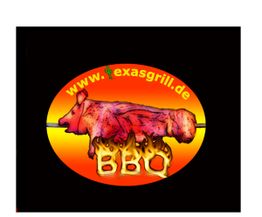Grillendes Schwein über "BBQ"-Flammen, Text: www.texasgrill.de, auf schwarzem Hintergrund.