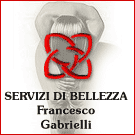 Donna con capelli lunghi, logo rosso sopra. Testo: "Servizi di Bellezza Francesco Gabrielli".