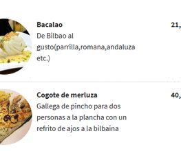 Menú de platos: Bacalao por 21,90€ y Cogote de merluza por 40,00€.