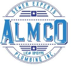 ALMCO Plumbing Inc. logo with "Sewer Experts" text and license number 1845495 in blue.