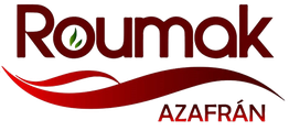 Logo de Roumak Azafrán con una hoja dentro de la letra "o" y un diseño de onda roja debajo.