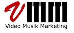 Logo mit rotem "V" und schwarzen Klaviertasten. Text: "Video Musik Marketing".