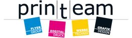 Logo mit Schriftzug "printteam" und farbigen Quadraten: Flyer, Digitaldruck, Werbetechnik, Grafik.