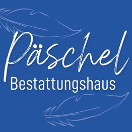 Blaues Logo mit "Päschel Bestattungshaus" in weißer Schrift und dekorativen Federn.