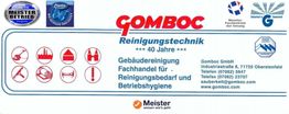 GOMBOC-Logo mit Kontaktangaben zur Reinigungsfirma, Symbole für Reinigungsdienste.