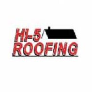 Text "HI-5 ROOFING" with a roof icon above on a white background.