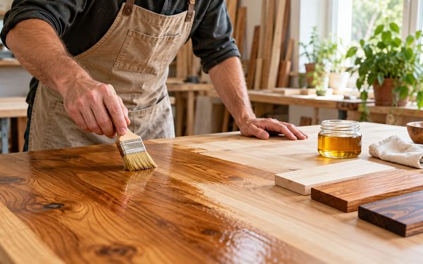 Handwerker trägt mit einem Pinsel Holzöl auf eine Holzoberfläche auf und behandelt das Holz in seiner Werkstatt mit einer natürlichen Beschichtung, um die Maserung hervorzuheben und das Material zu schützen.