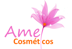 Logotipo: Flor rosa estilizada seguida das palavras "Ame Cosméticos" em roxo e laranja.