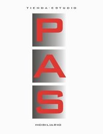 Texto vertical "PAS" en rojo, con fondo gris. Arriba: "TIENDA·ESTUDIO". Abajo: "MOBILIARIO".