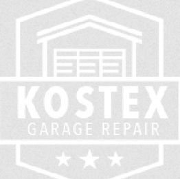 Logo for Kostex Garage Repair featuring a garage and three stars.