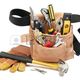 Tool belt with pliers, hammer, screwdriver, tape measure, gloves, and nails on white background.