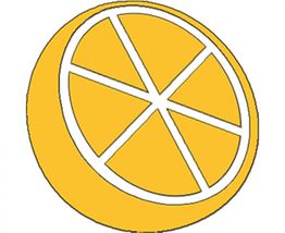 Gelbe Zitronenscheibe, im Querschnitt dargestellt, mit sechs weißen Segmenten und kräftiger Schale.