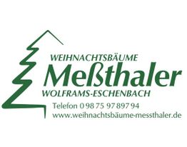 Logo von Meßthaler Weihnachtsbäume mit Firmenname, Kontaktinfo und stilisiertem Baum in Grün.