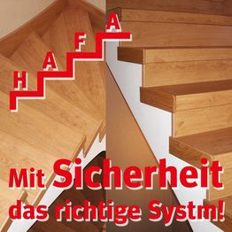 Holztreppe mit rotem Schriftzug: "HAFA, Mit Sicherheit das richtige System!"