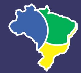 Mapa do Brasil em azul, verde e amarelo, com fundo roxo.