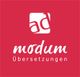 Rotes Logo mit weißem Quadrat und Schrift: "modum Übersetzungen".