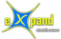Logo mit gelbem Text "expand stretch covers" und blau-gelben grafischen Elementen.