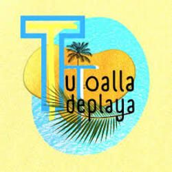 Logo colorido con una letra "T", palmera y texto "Tu toalla de playa" sobre fondo azul y amarillo.