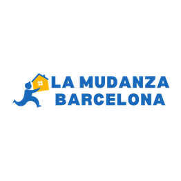 Logo de "La Mudanza Barcelona" con figura azul corriendo y casa amarilla.