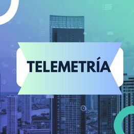 Texto "TELEMETRÍA" sobre fondo de ciudad y gráficos tecnológicos.