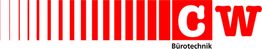 Rotes Logo mit Buchstaben "C W" und Text "Bürotechnik", umgeben von vertikalen roten Linien.