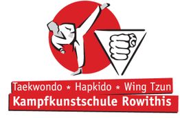 Logo der Kampfkunstschule Rowithis, mit Taekwondo-Kick und Faustsymbol auf rotem Hintergrund.