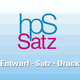 Logo mit Text "hpS Satz" in Blau und Pink, darunter "Entwurf · Satz · Druck" auf blauem Hintergrund.