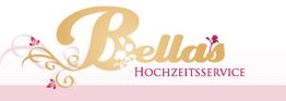 Logo von Bellas Hochzeitsservice mit verschnörkeltem Design und Blumenmotiv.