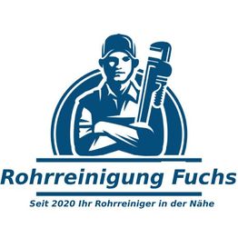 Logo mit Handwerker, der einen Schraubenschlüssel hält, und Text "Rohrreinigung Fuchs".