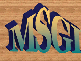 3D-Wort „MSGI“ in blauen und gelben Buchstaben auf einem Holzmaserungshintergrund.