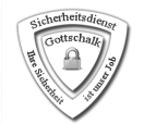 Wappen mit Schloss, der Text lautet: "Sicherheitsdienst Gottschalk. Ihre Sicherheit ist unser Job."