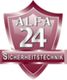 Rotes Schildlogo mit Text "ALFA 24 Sicherheitstechnik".