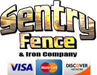 Sentry Fence logo with Visa, MasterCard, and Discover payment options.