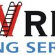 "Logo met tekst: De Vries Reiniging Service. 'V' als ladder en 'E' als raamtrekker."