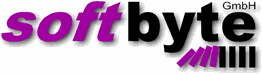 Logo von softbyte GmbH mit lila und schwarzen Buchstaben und grafischem Element darunter.