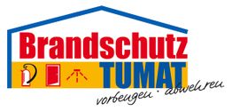 Logo mit "Brandschutz TUMAT", Piktogrammen für Feuerlöscher, Tür und Sprinkler. Schrift: "vorbeugen • abwehren".