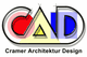 Logo mit CAD-Schriftzug und geometrischen Formen in Rot, Gelb und Blau. Text: Cramer Architektur Design.