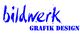 Blauer Schriftzug "bildwerk GRAFIK DESIGN" auf weißem Hintergrund.