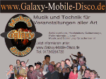 Galaxy Mobile Disco-Anzeige mit Partybildern und Kontaktdaten für Veranstaltungen aller Art.