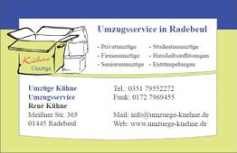 Geschäftskarte für Umzugsservice in Radebeul. Kontakt: info@umzuege-kuehne.de.