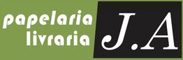 Logo com fundo verde, com as palavras "papelaria livraria" e "J.A" em preto e branco.