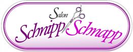 Logo: "Salon Schnipp Schnapp" mit Schere zwischen den Worten, lila Schrift auf ovalem Hintergrund.